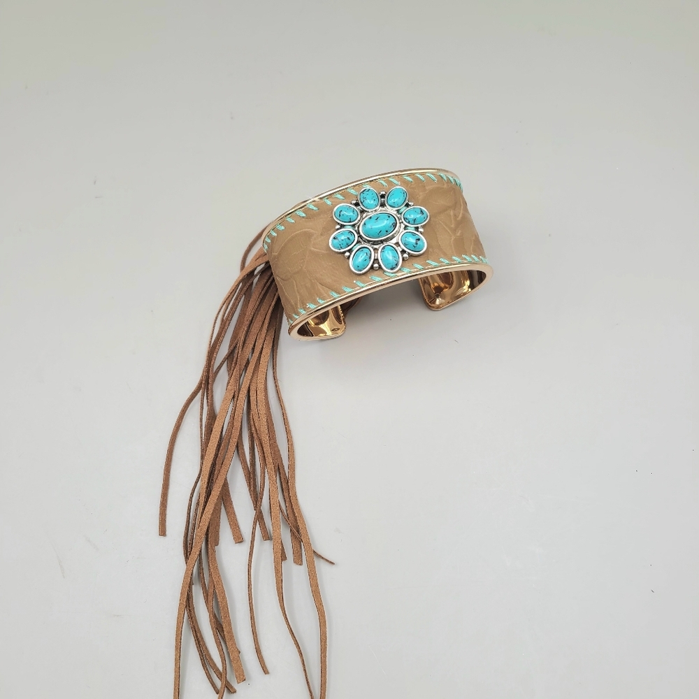 Tan Cuff Fashion Bracelet with Turquoise Accents & Tassels, NWOT